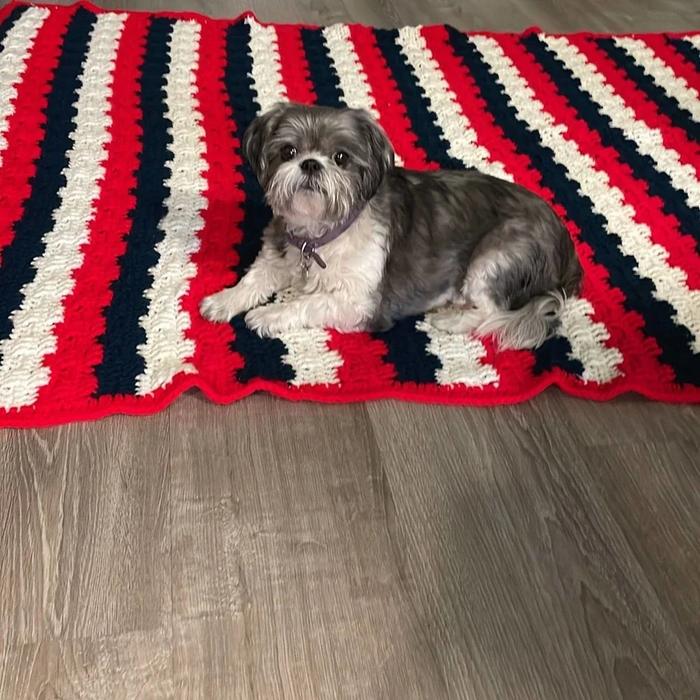 Large oversized grandma hand knitted Roseanne style, afghan-patriotic colors